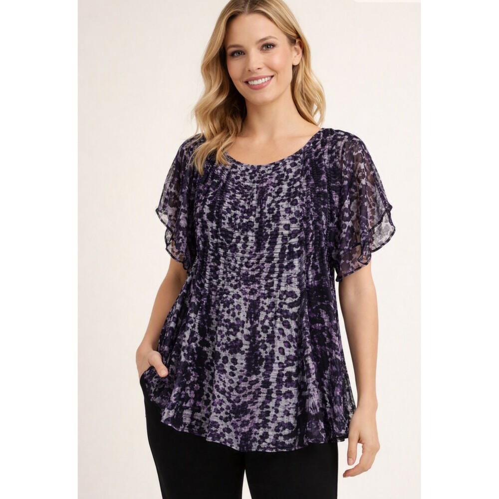 Worthington Woman 1X Pullover Sheer Purple & Gray Abstract Design Feminine Y2k